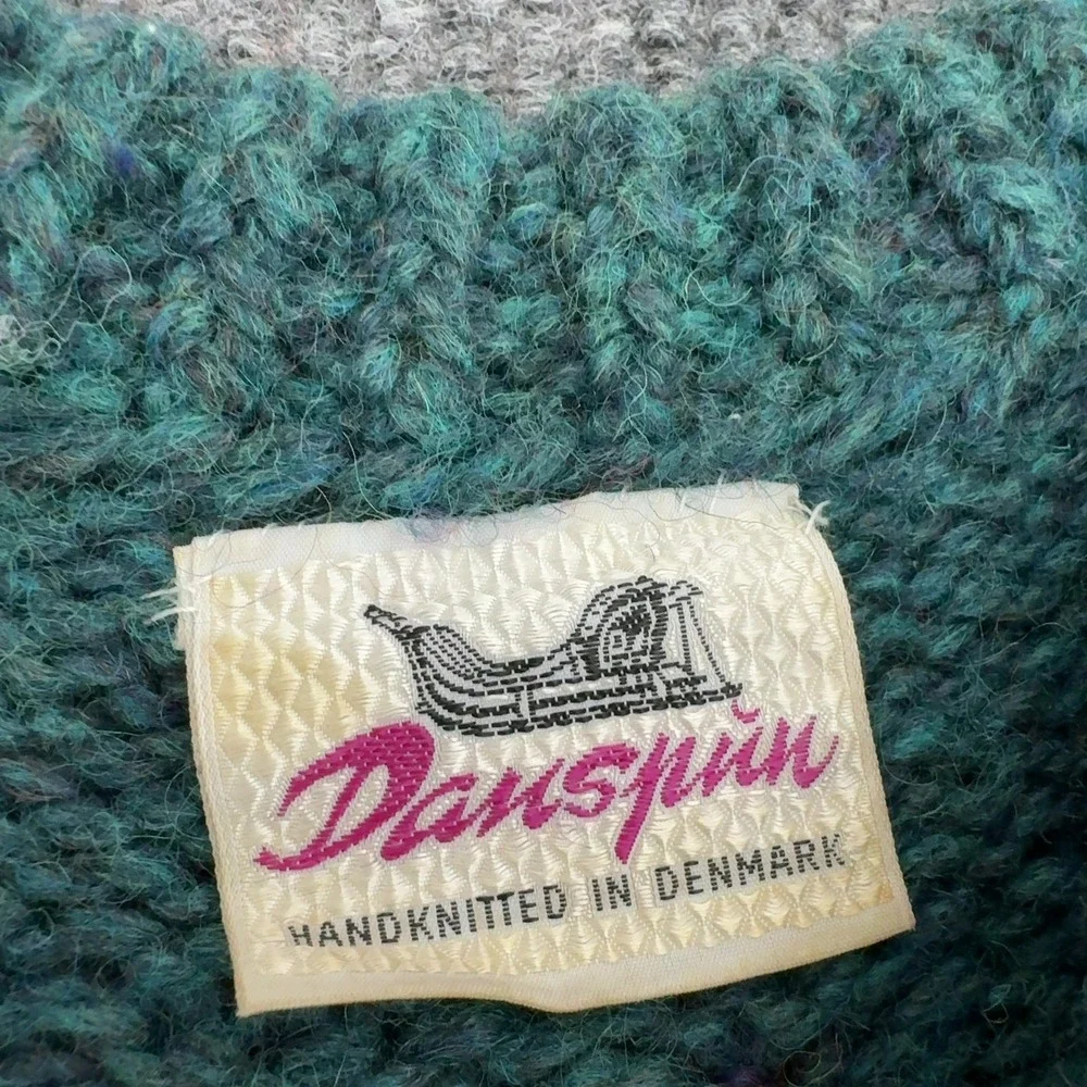 Vintage Danspin Sweater Mens L Teal Wool Handknitted Fair Isle Nordic Retro